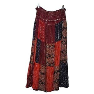 Bohemian‎ Patchwork Maxi Skirt Red/Orange/Black Metallic Accents Womens M
